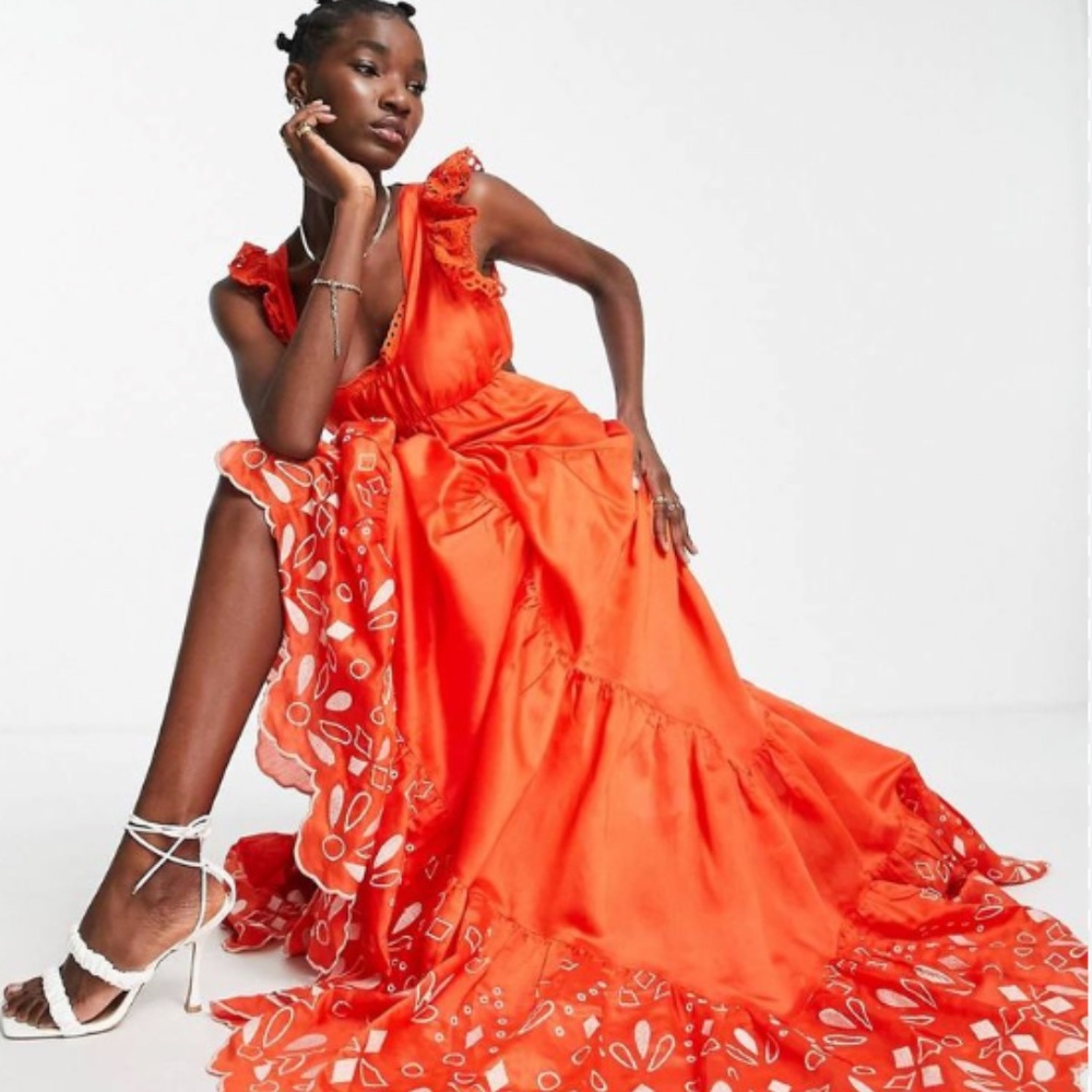 ASOS DESIGN tiered maxi dress with contrast broderie detail in orange